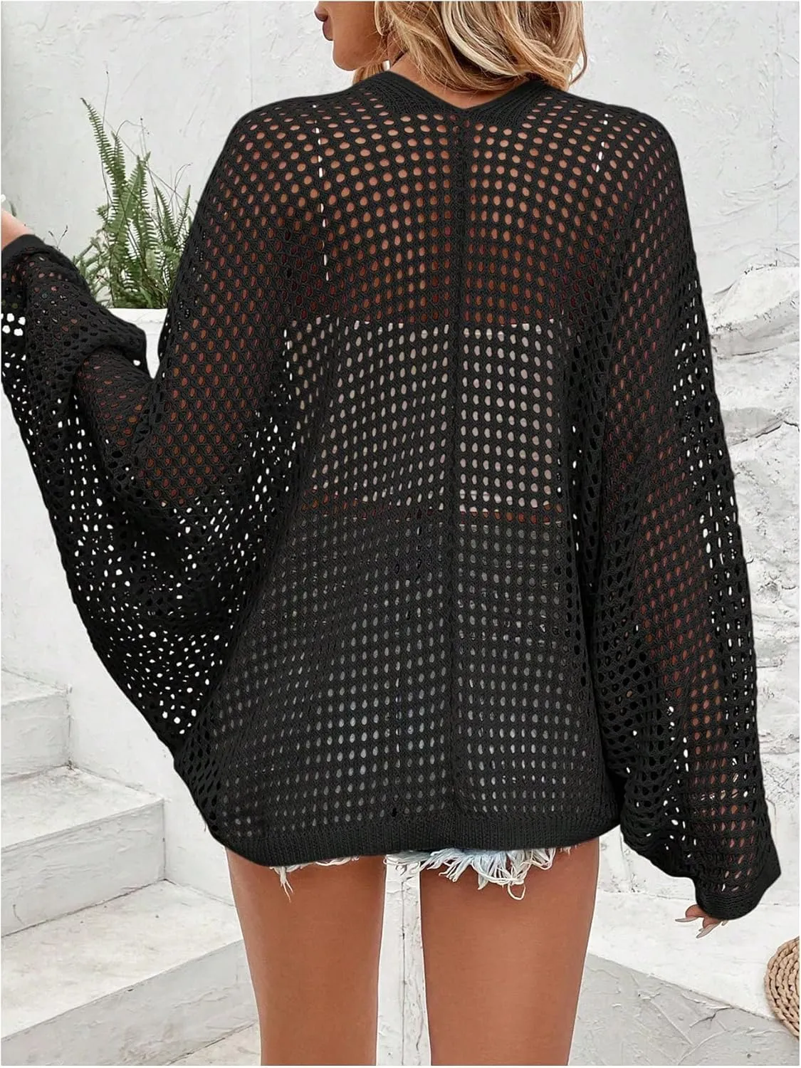 Verdusa Women's Hollow Out Open Front Long Sleeve Oversized Knitted Cardigan Sweater