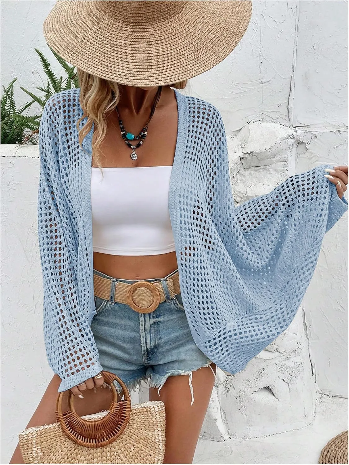 Verdusa Women's Hollow Out Open Front Long Sleeve Oversized Knitted Cardigan Sweater