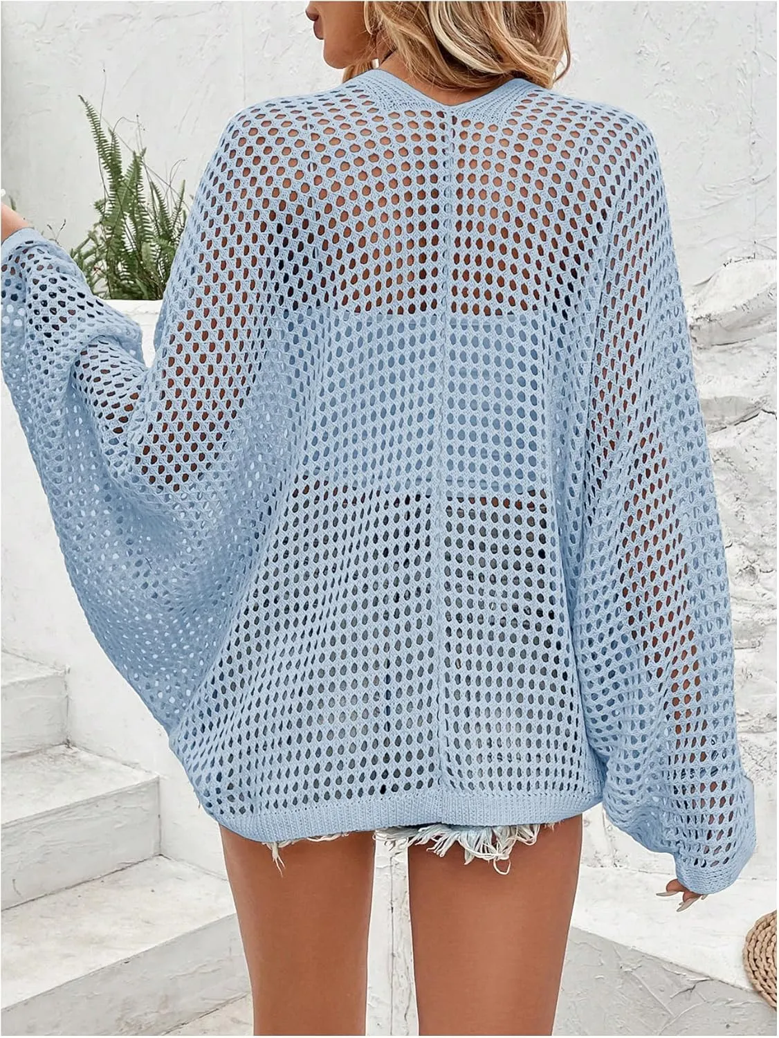 Verdusa Women's Hollow Out Open Front Long Sleeve Oversized Knitted Cardigan Sweater