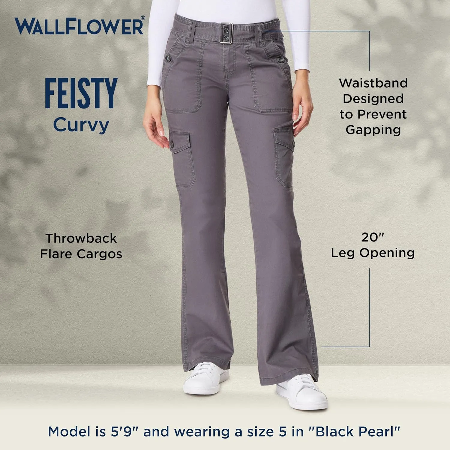 WallFlower Women's Feisty Curvy Cargo Flare Low Rise Belted Insta Stretch Juniors Pants