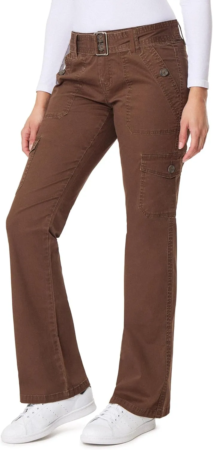 WallFlower Women's Feisty Curvy Cargo Flare Low Rise Belted Insta Stretch Juniors Pants