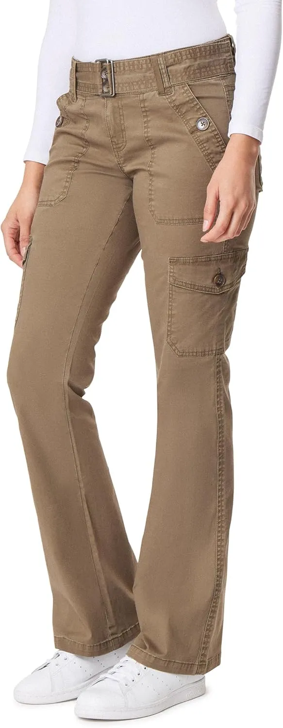 WallFlower Women's Feisty Curvy Cargo Flare Low Rise Belted Insta Stretch Juniors Pants