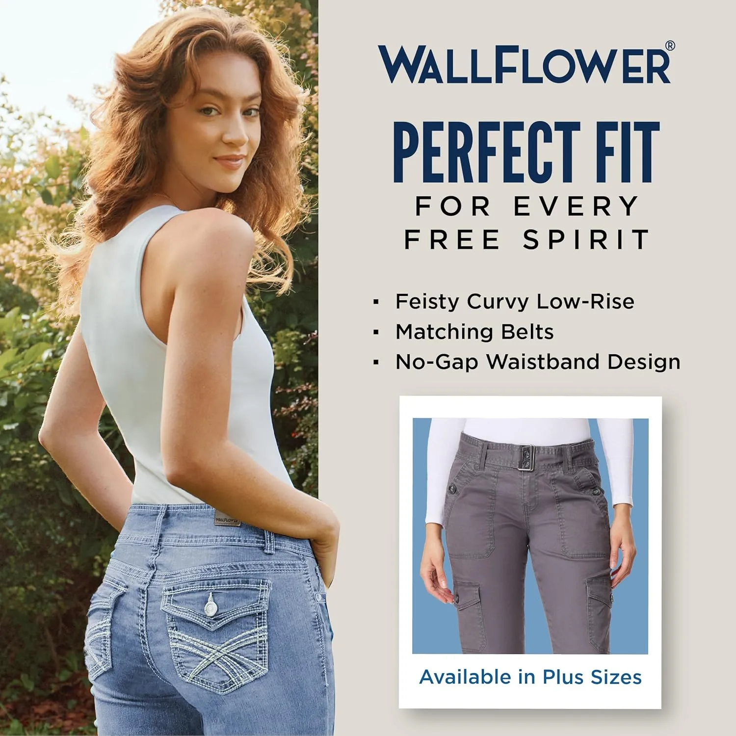 WallFlower Women's Feisty Curvy Cargo Flare Low Rise Belted Insta Stretch Juniors Pants
