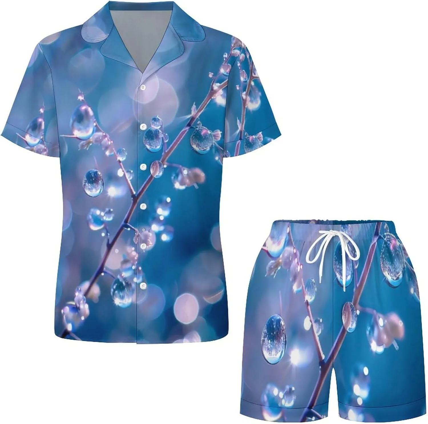 Water Droplets Blue Background Women's Satin Pajama Set Short Sleeve Button Down Sleepwear Loungewear Pj Set