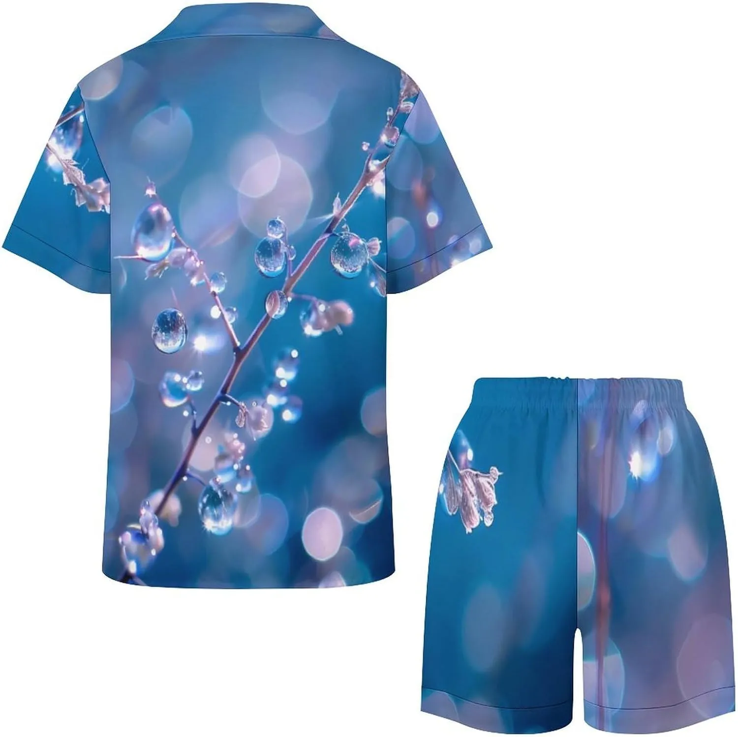 Water Droplets Blue Background Women's Satin Pajama Set Short Sleeve Button Down Sleepwear Loungewear Pj Set