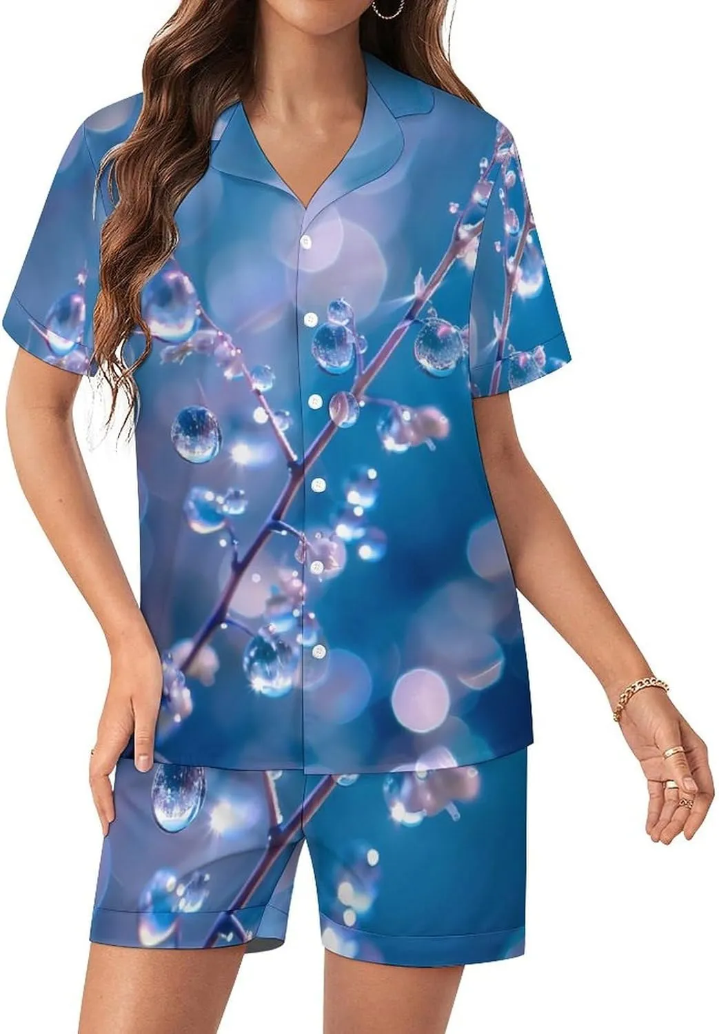 Water Droplets Blue Background Women's Satin Pajama Set Short Sleeve Button Down Sleepwear Loungewear Pj Set