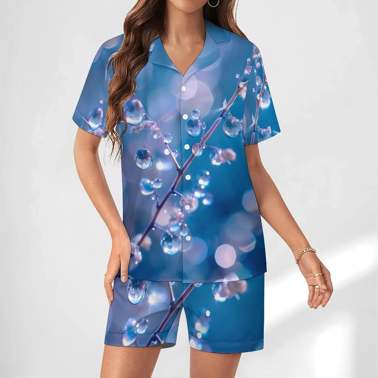 Water Droplets Blue Background Women's Satin Pajama Set Short Sleeve Button Down Sleepwear Loungewear Pj Set