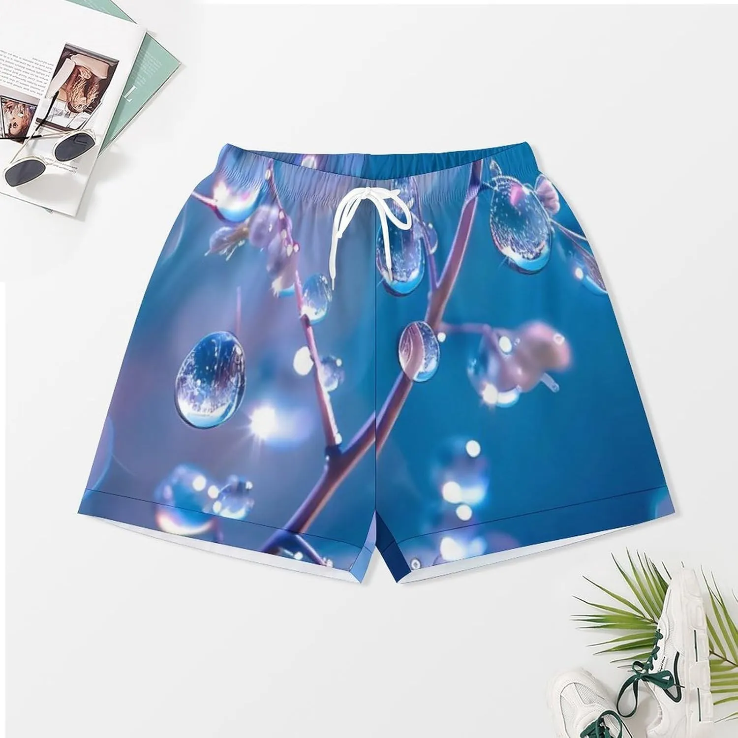 Water Droplets Blue Background Women's Satin Pajama Set Short Sleeve Button Down Sleepwear Loungewear Pj Set