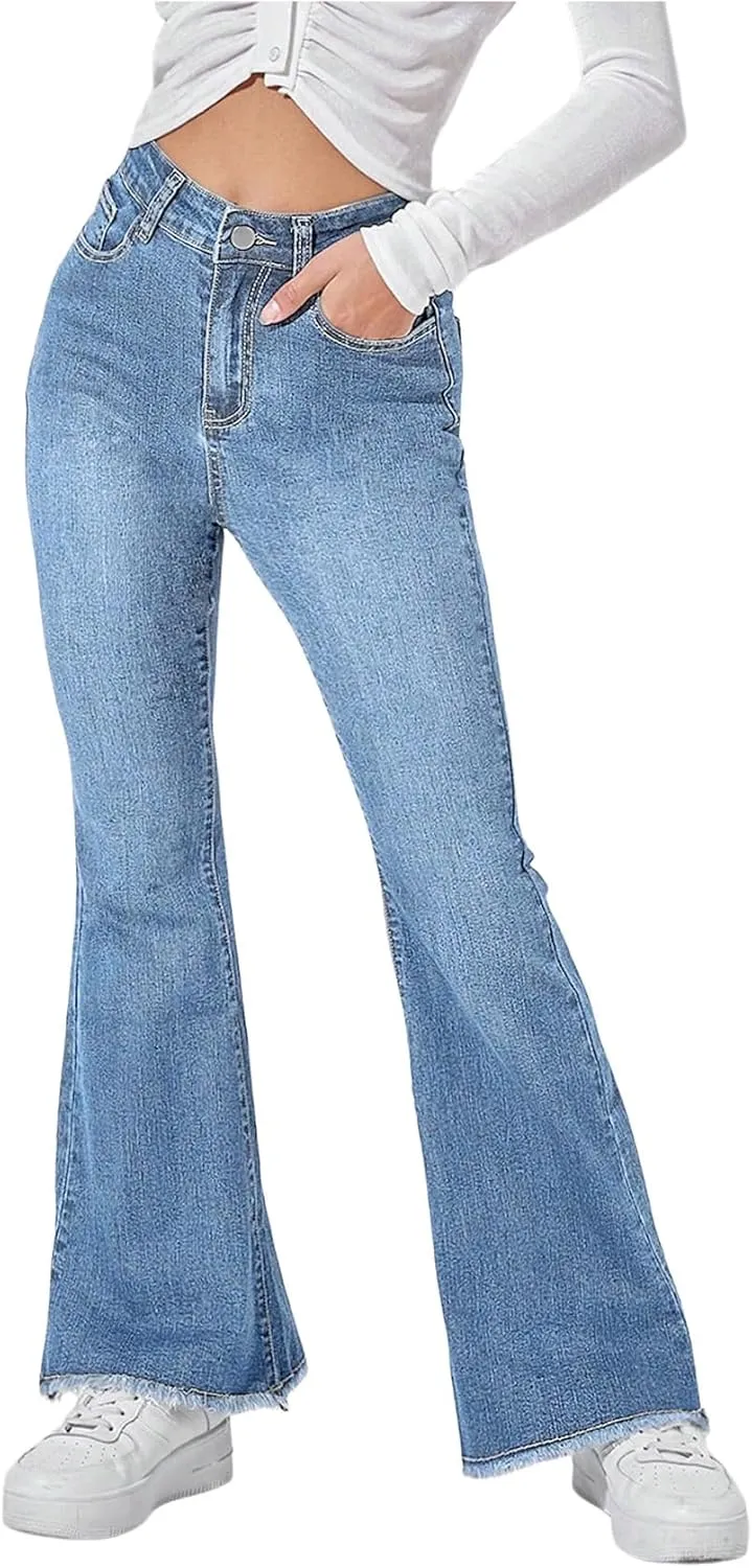 WDIRARA Women's Petite High Waisted Raw Hem Flared Jeans Stretchy Bell Bottom Denim Pants