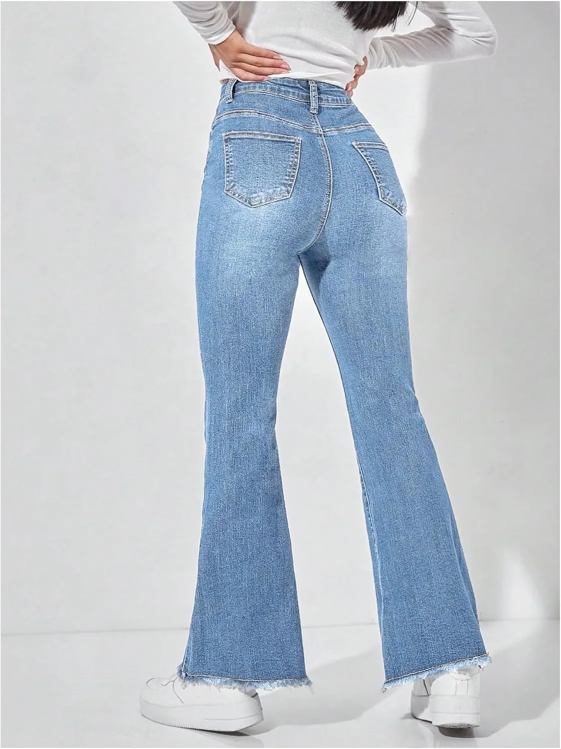 WDIRARA Women's Petite High Waisted Raw Hem Flared Jeans Stretchy Bell Bottom Denim Pants