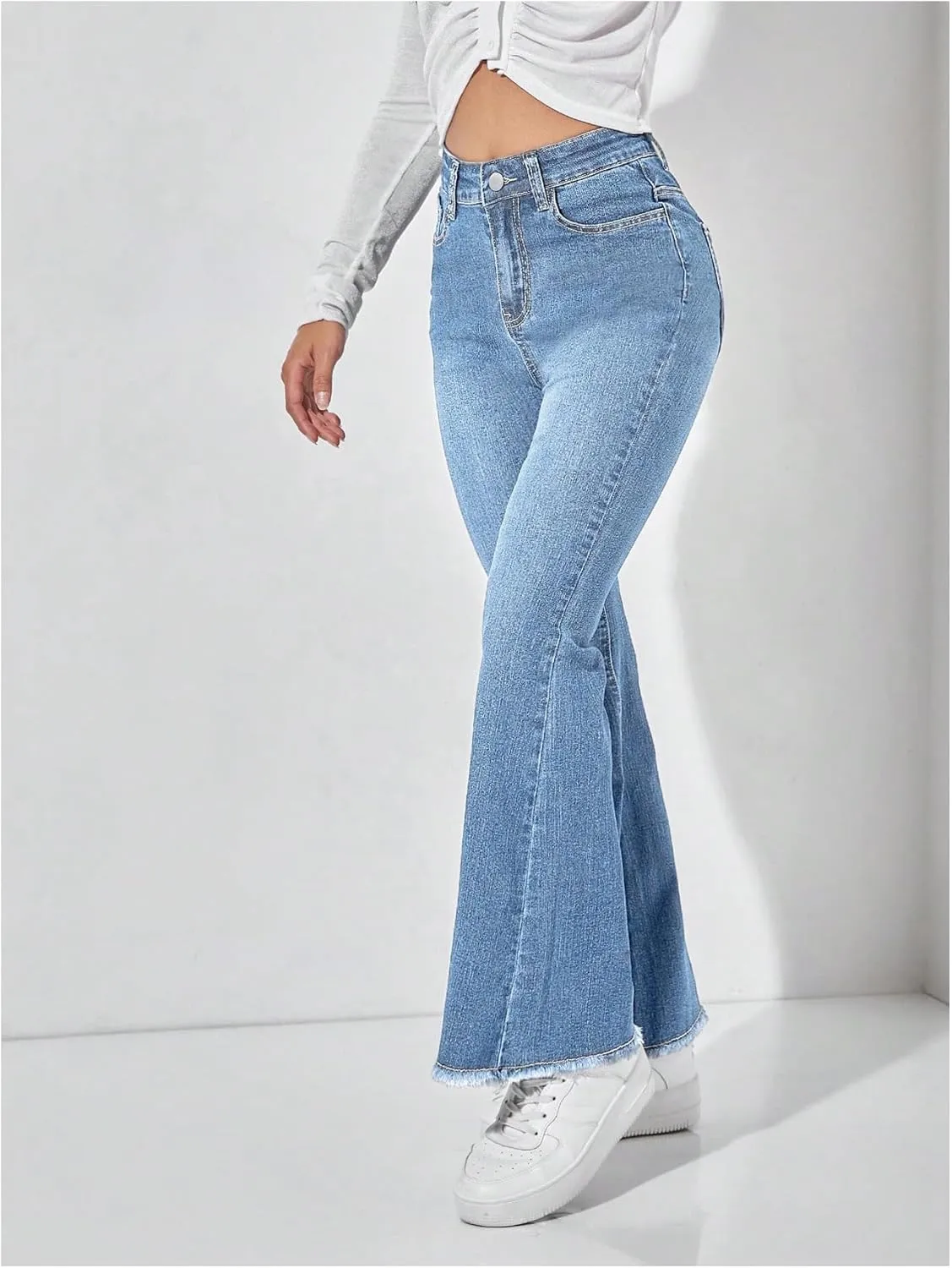 WDIRARA Women's Petite High Waisted Raw Hem Flared Jeans Stretchy Bell Bottom Denim Pants