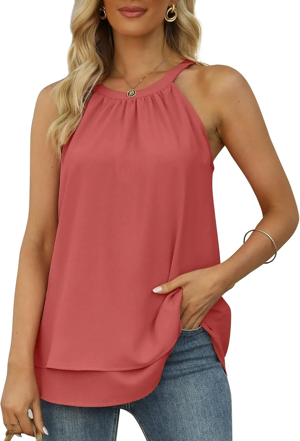 WEESO Womens Halter Tank Tops Summer High Neck Double Layers Sleeveless Tops