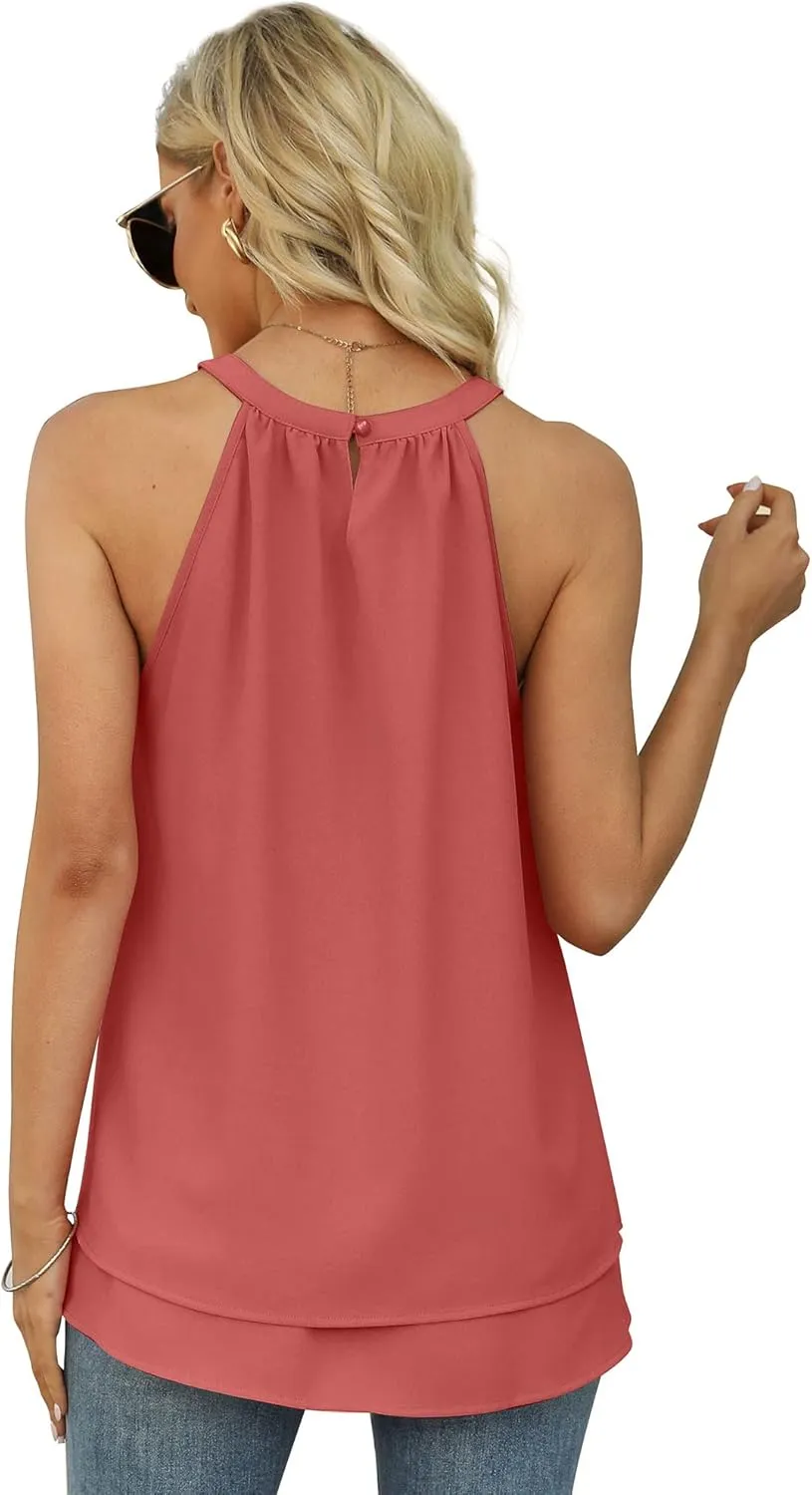 WEESO Womens Halter Tank Tops Summer High Neck Double Layers Sleeveless Tops
