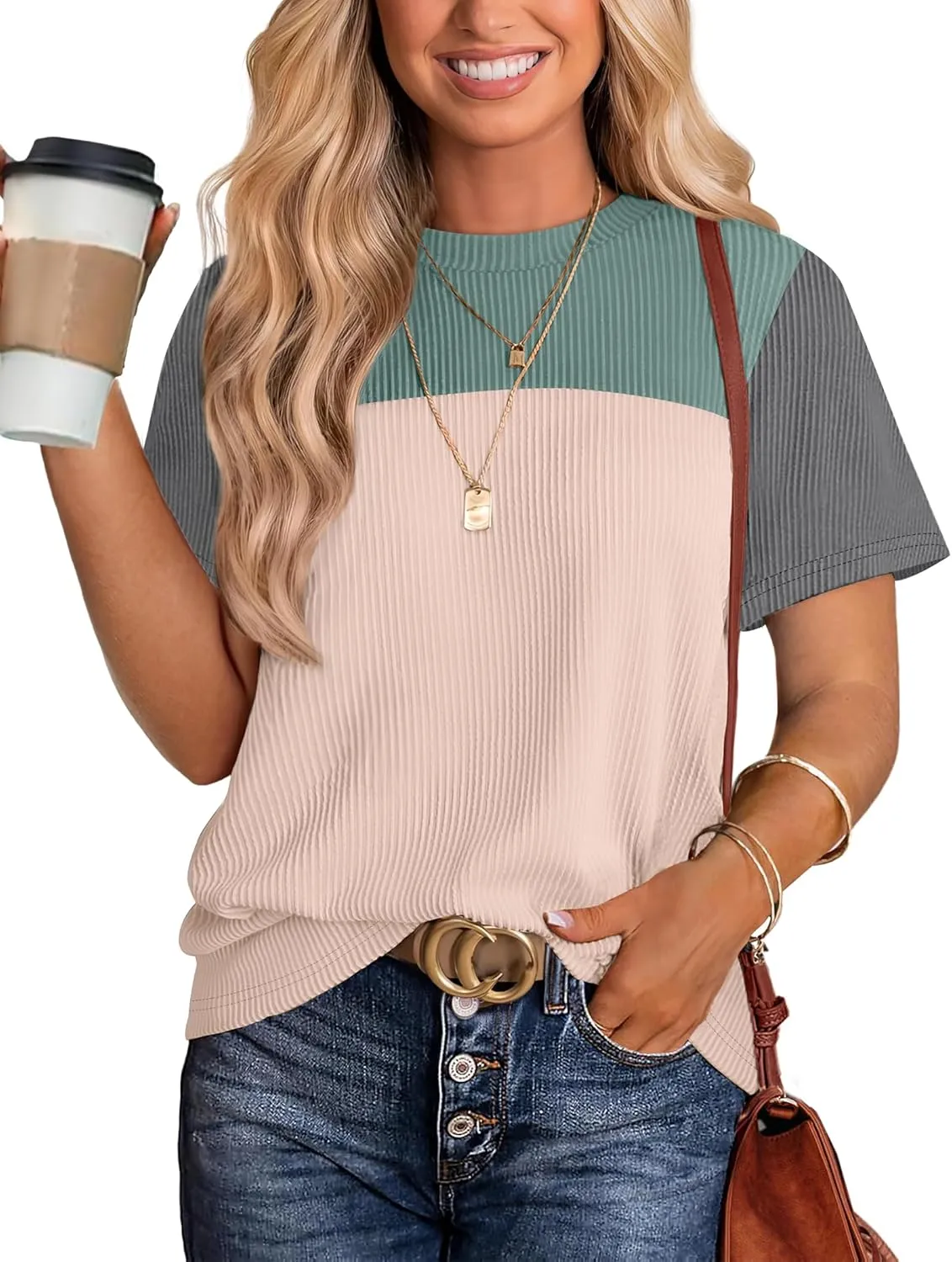 WIHOLL Womens Fashion 2025 Color Block Shirts Short Sleeve Crewneck Knitted Spring Summer Tops Casual Trendy