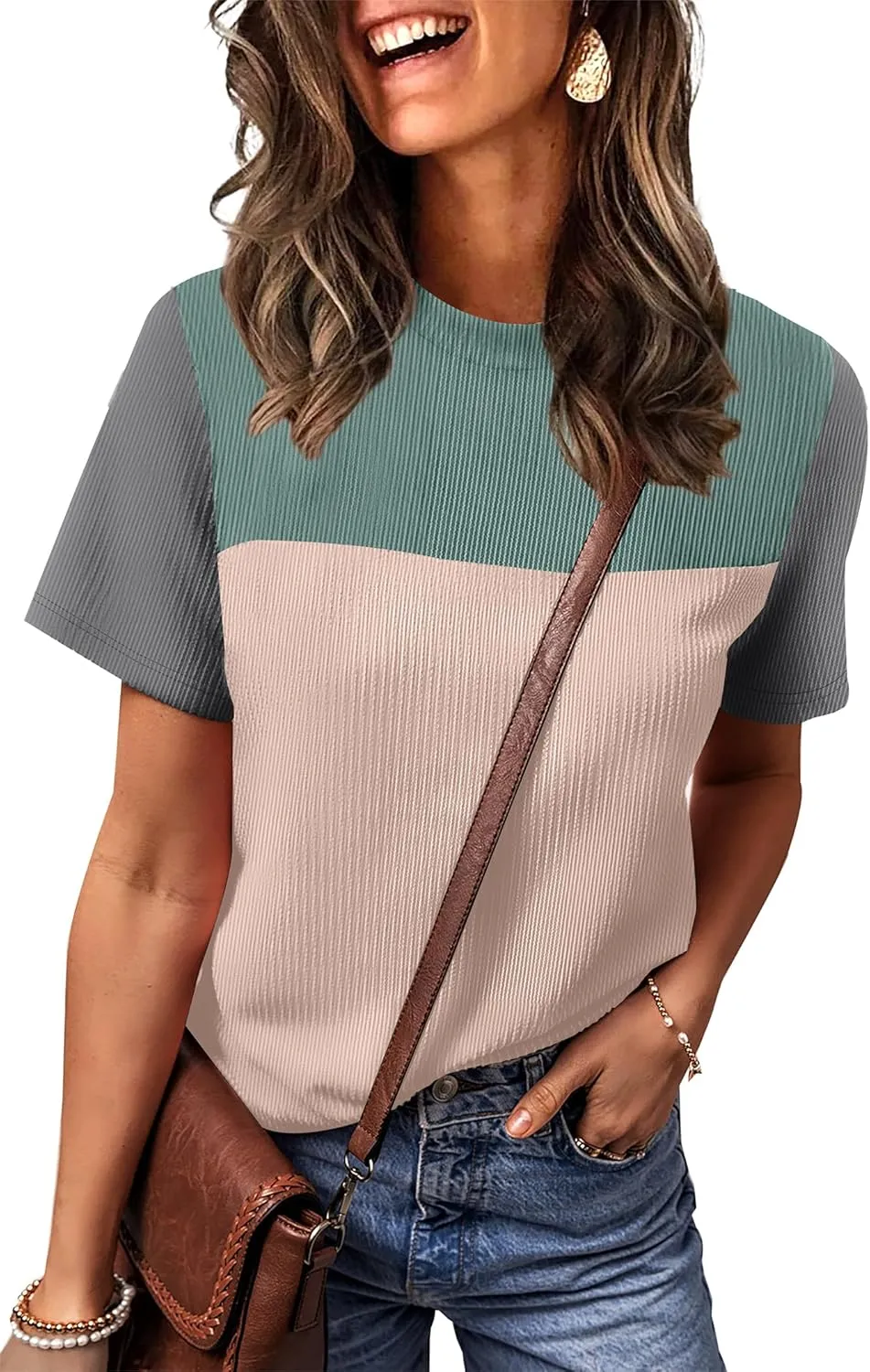 WIHOLL Womens Fashion 2025 Color Block Shirts Short Sleeve Crewneck Knitted Spring Summer Tops Casual Trendy
