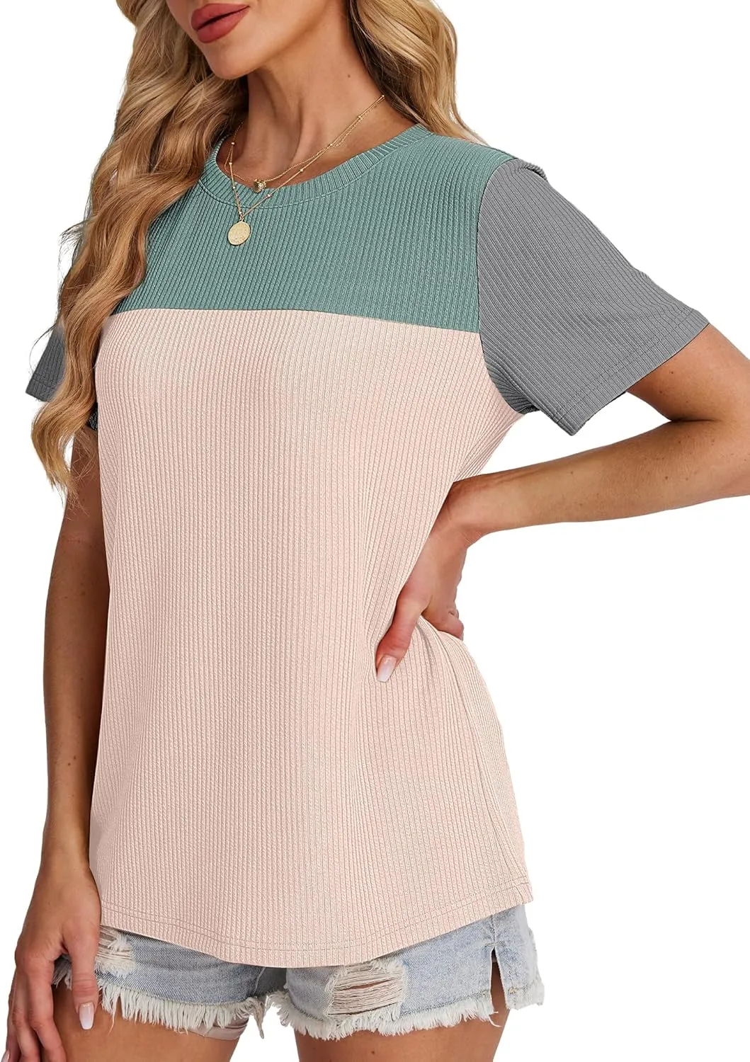 WIHOLL Womens Fashion 2025 Color Block Shirts Short Sleeve Crewneck Knitted Spring Summer Tops Casual Trendy