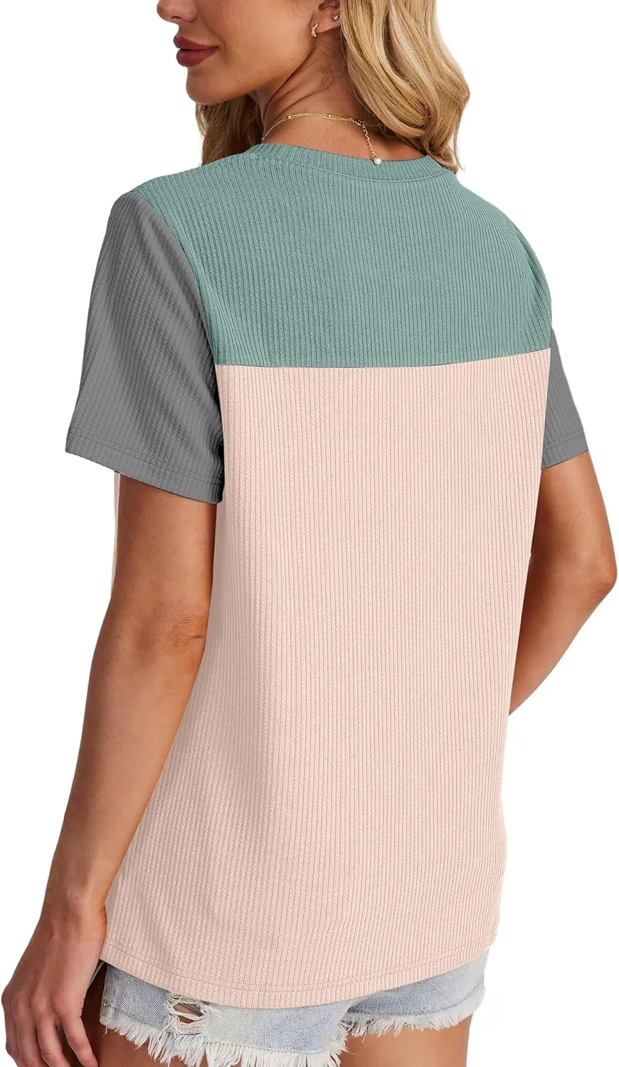 WIHOLL Womens Fashion 2025 Color Block Shirts Short Sleeve Crewneck Knitted Spring Summer Tops Casual Trendy