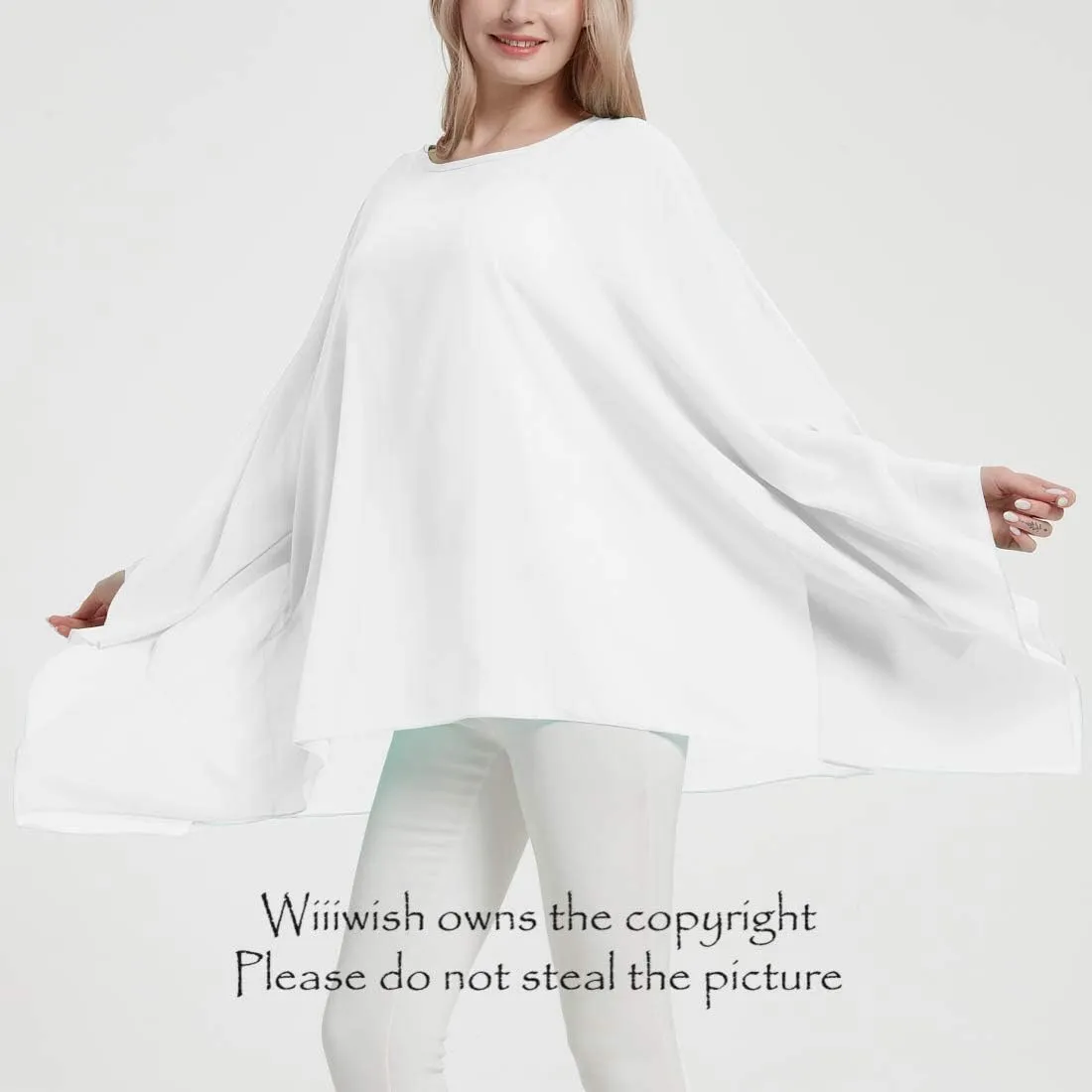 Wiiiwish Women's Loose Solid Long Batwing Sheer Chiffon Caftan Wrap Poncho Tunic Top Topper