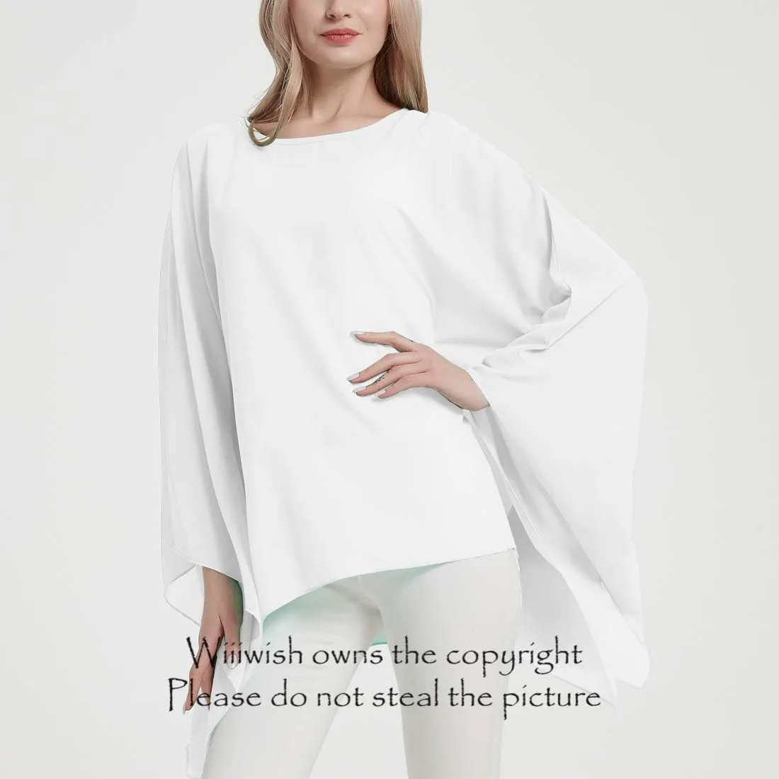 Wiiiwish Women's Loose Solid Long Batwing Sheer Chiffon Caftan Wrap Poncho Tunic Top Topper