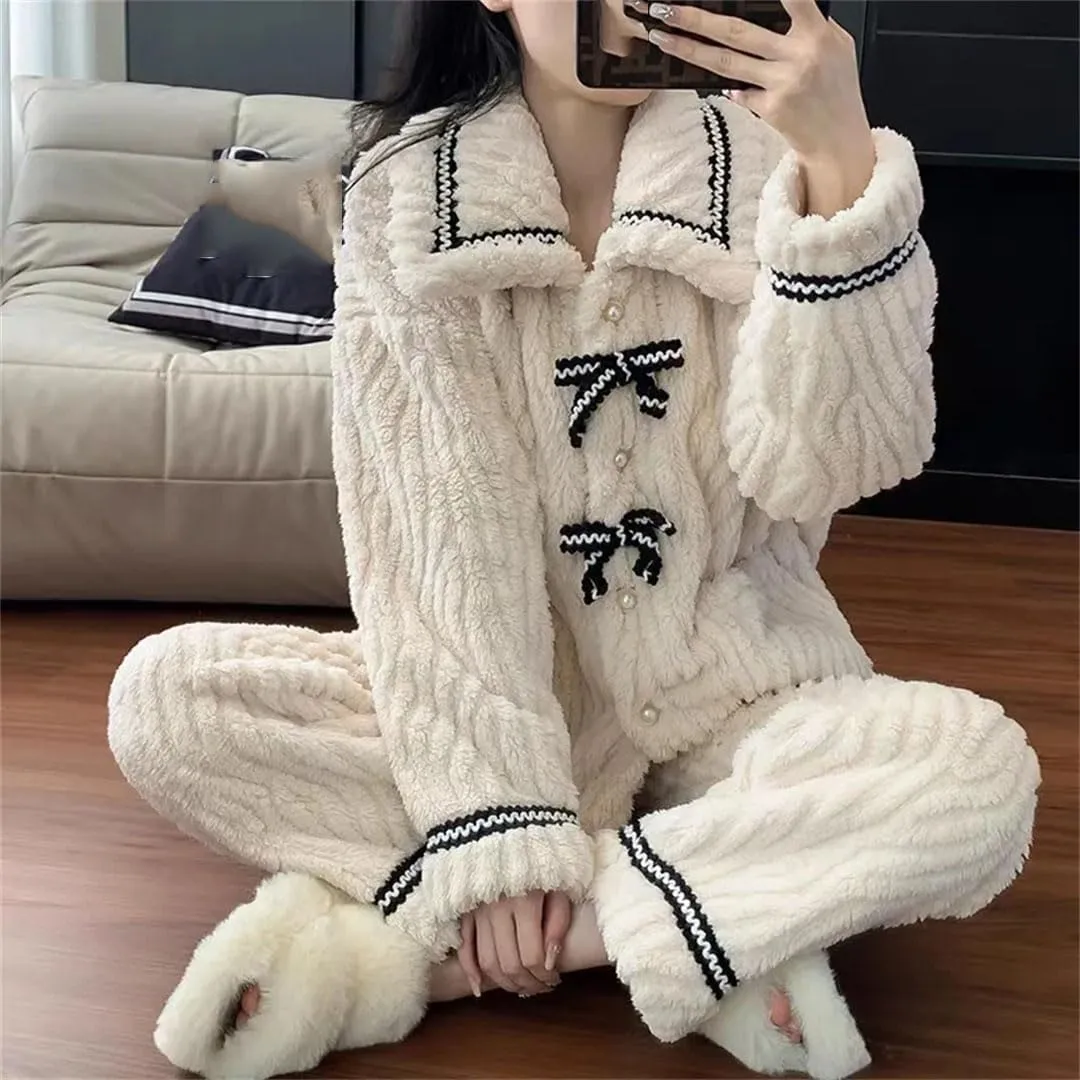 Women Fleece Pajama Sets Warm Homewear Thick Winter Sleepwear Fashion Soft Lounge Clothes
