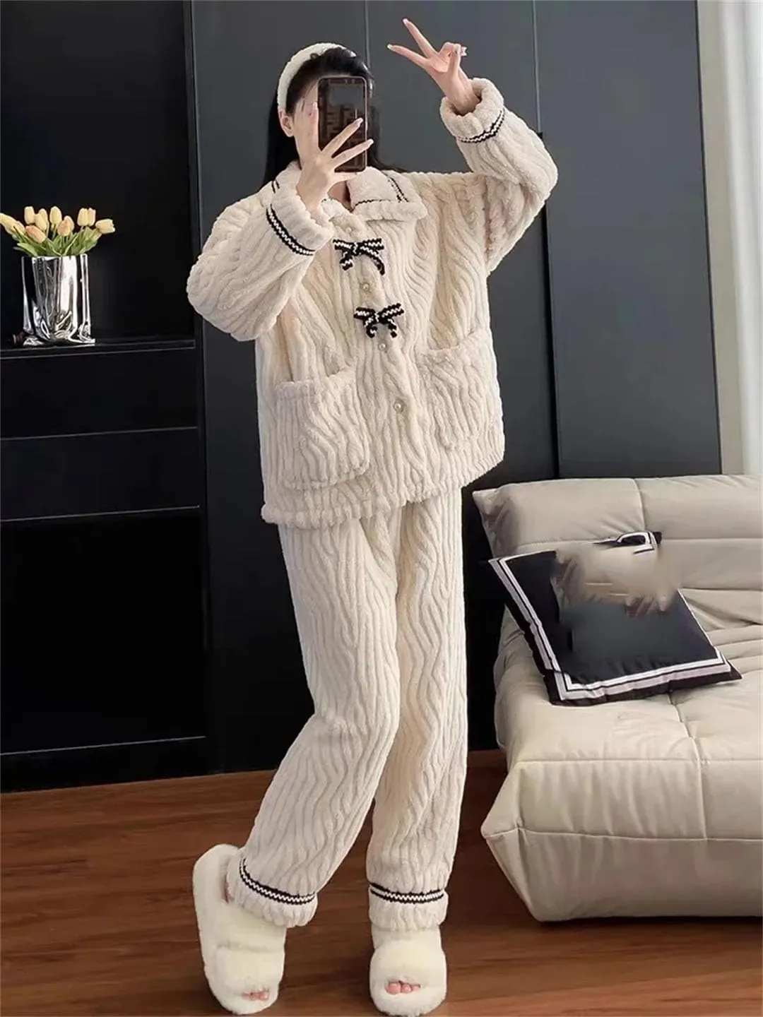 Women Fleece Pajama Sets Warm Homewear Thick Winter Sleepwear Fashion Soft Lounge Clothes