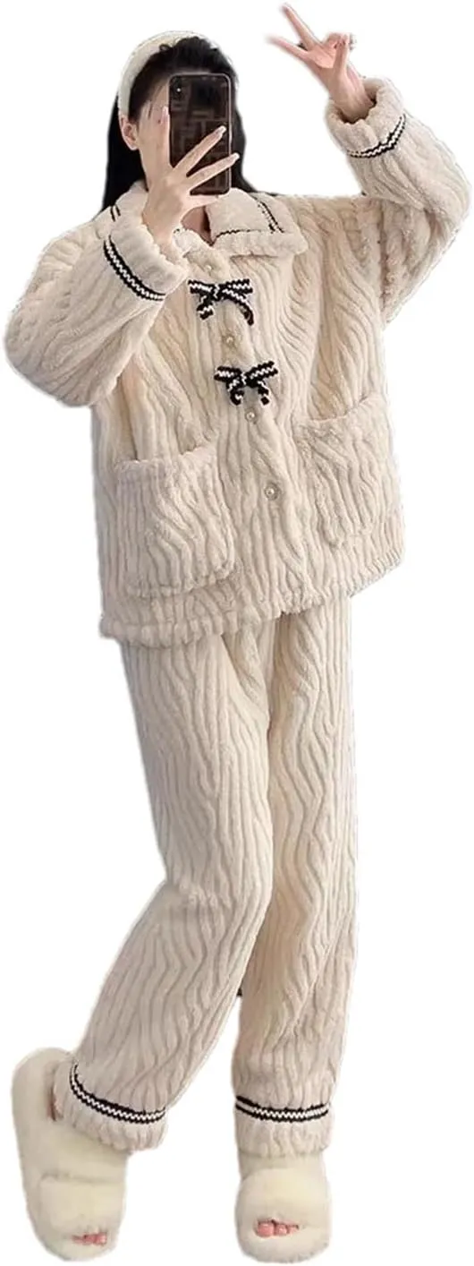 Women Fleece Pajama Sets Warm Homewear Thick Winter Sleepwear Fashion Soft Lounge Clothes