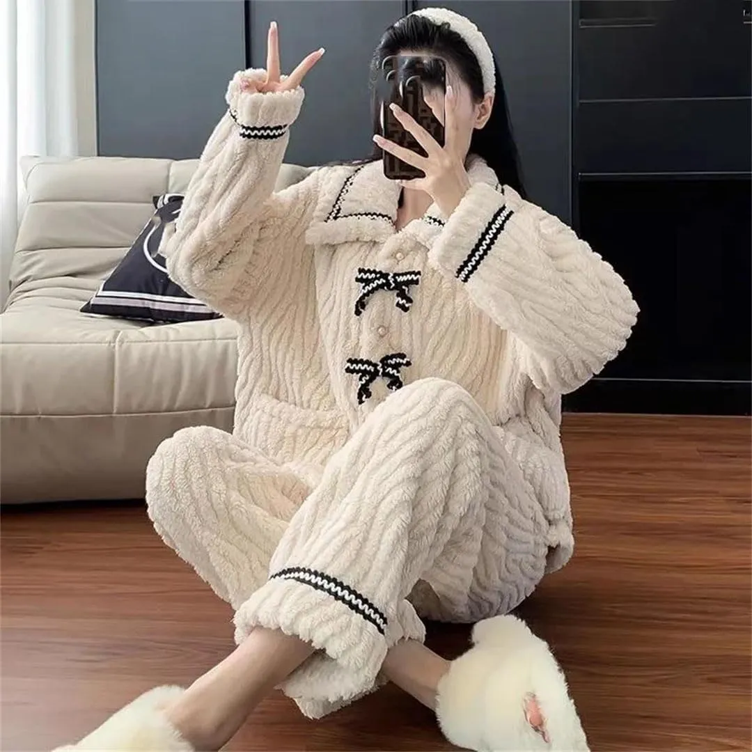 Women Fleece Pajama Sets Warm Homewear Thick Winter Sleepwear Fashion Soft Lounge Clothes
