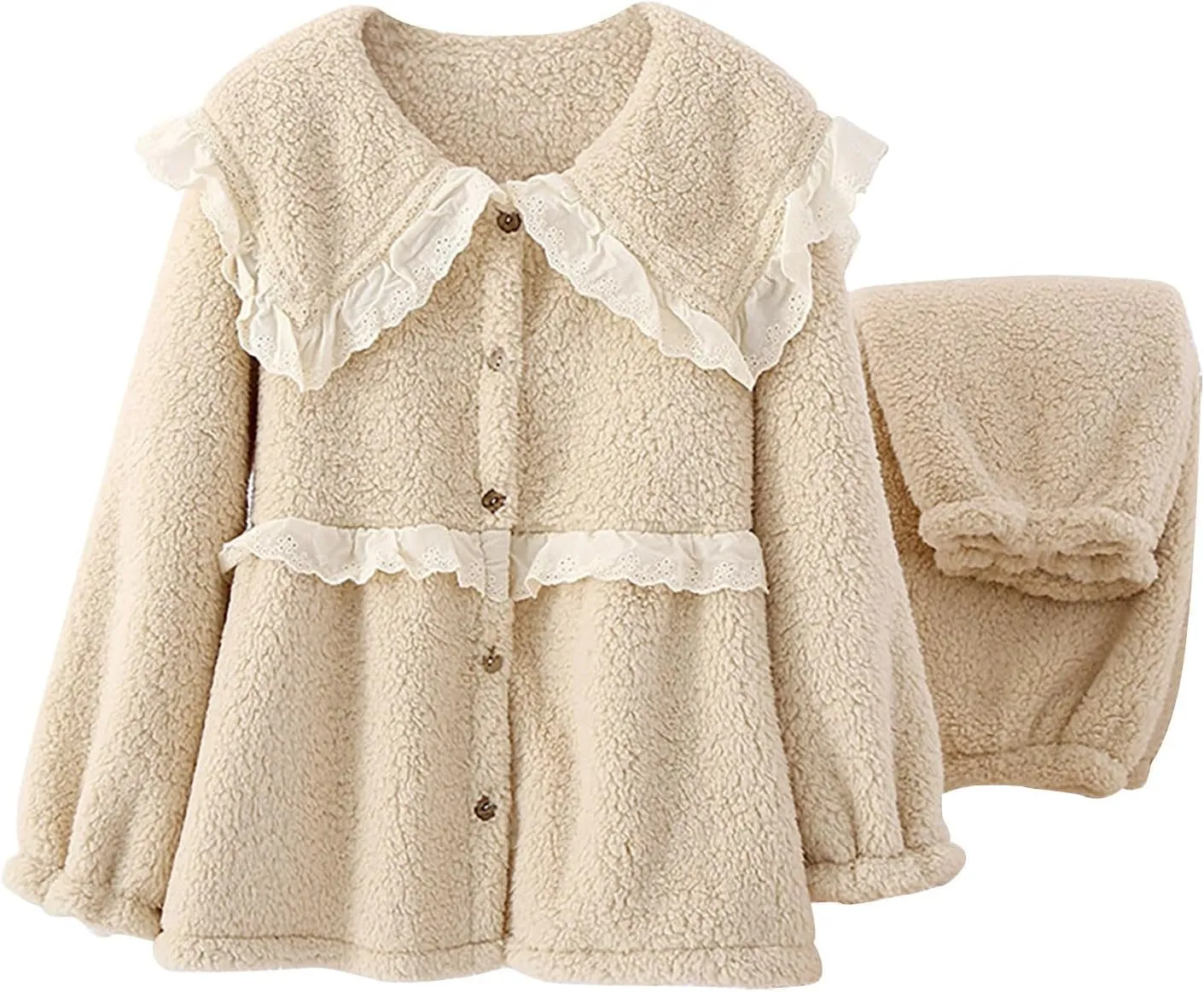 Women Fleece Pajamas Sets 2 Piece Lounge Sets Fluffy Plush Button Down Shirts Soft Pants Comfy Winter Sleepwear