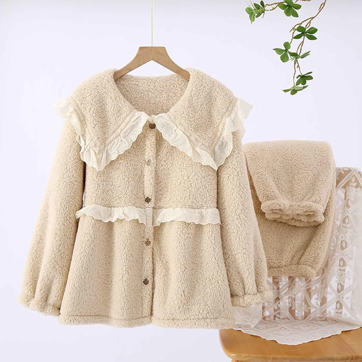 Women Fleece Pajamas Sets 2 Piece Lounge Sets Fluffy Plush Button Down Shirts Soft Pants Comfy Winter Sleepwear