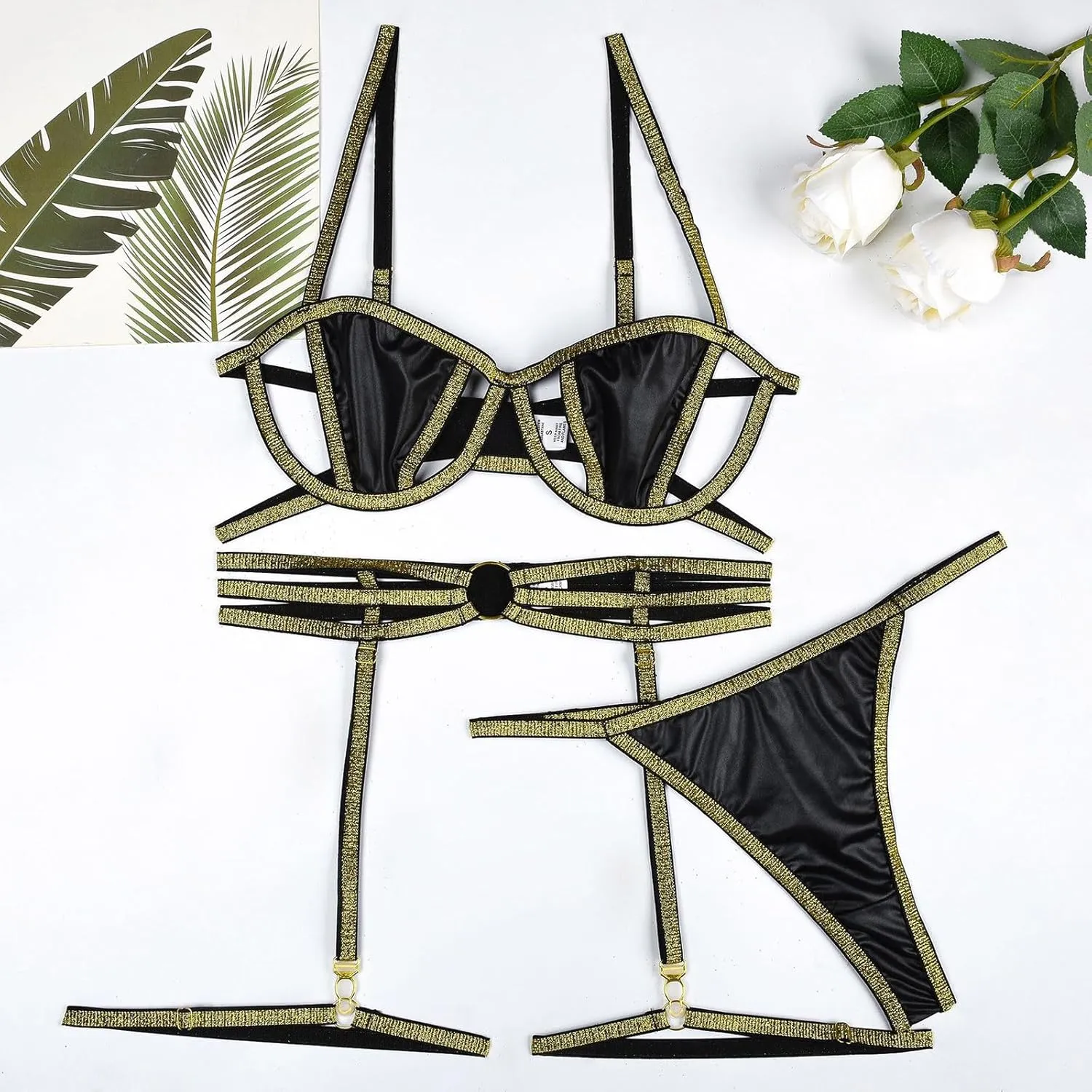 Women Garter Lingerie Set 4 Piece,Lace Bra and Panty Set with Garter Blet,Sexy Sequin Trim Bralette Lingerie Set