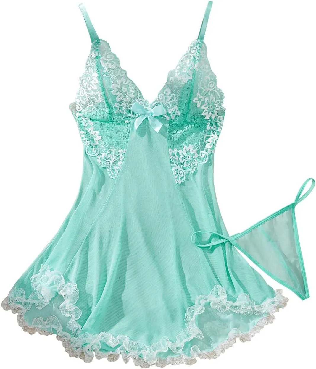 Women Lace Lingerie Sexy Bow Mesh Sheer Babydoll V-Neck Mini Chemises Negligees With G-String 2 Piece