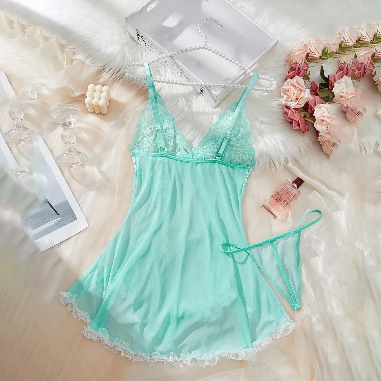 Women Lace Lingerie Sexy Bow Mesh Sheer Babydoll V-Neck Mini Chemises Negligees With G-String 2 Piece