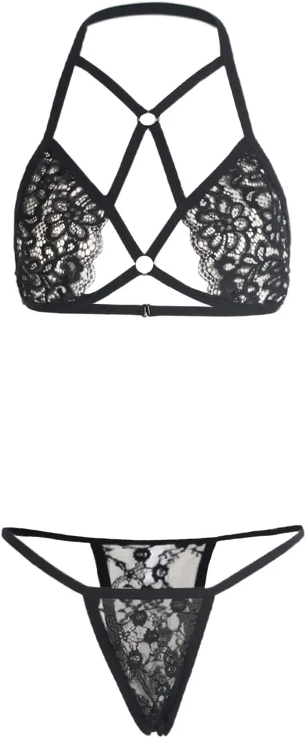 Women Lingerie Women's 2 Piece Sexy Lace Strap Bralette Bra and Panty Lingerie Set Push Up Underwear