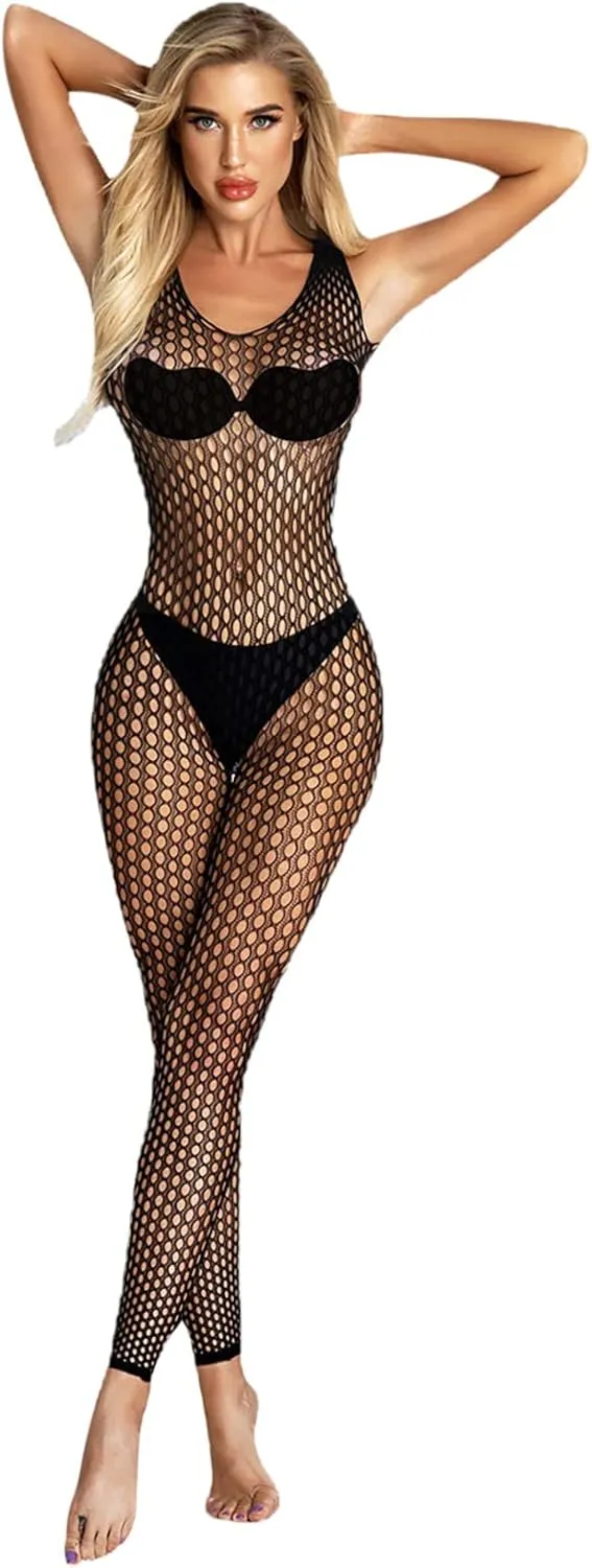 Women Mesh Fishnet Bodysuits Sexy One Piece See Through Tights Lingerie Lace Hollow Out Sleepwear Teddy Nightwear
