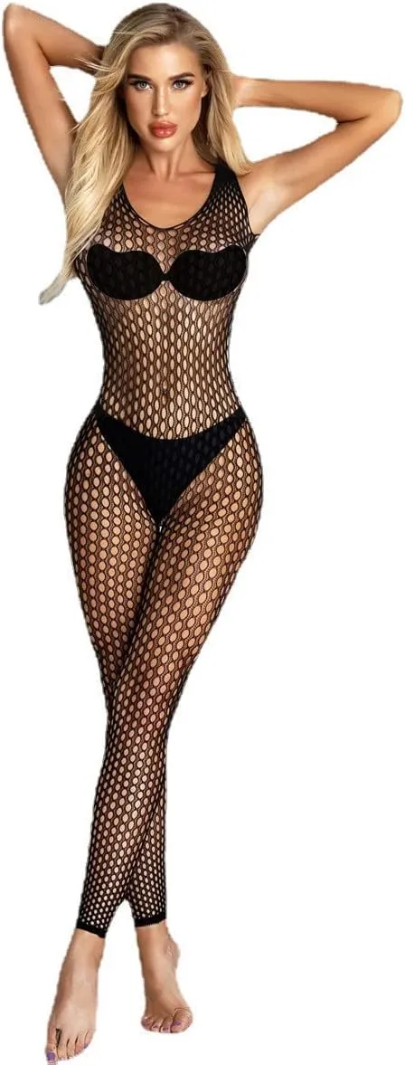 Women Mesh Fishnet Bodysuits Sexy One Piece See Through Tights Lingerie Lace Hollow Out Sleepwear Teddy Nightwear