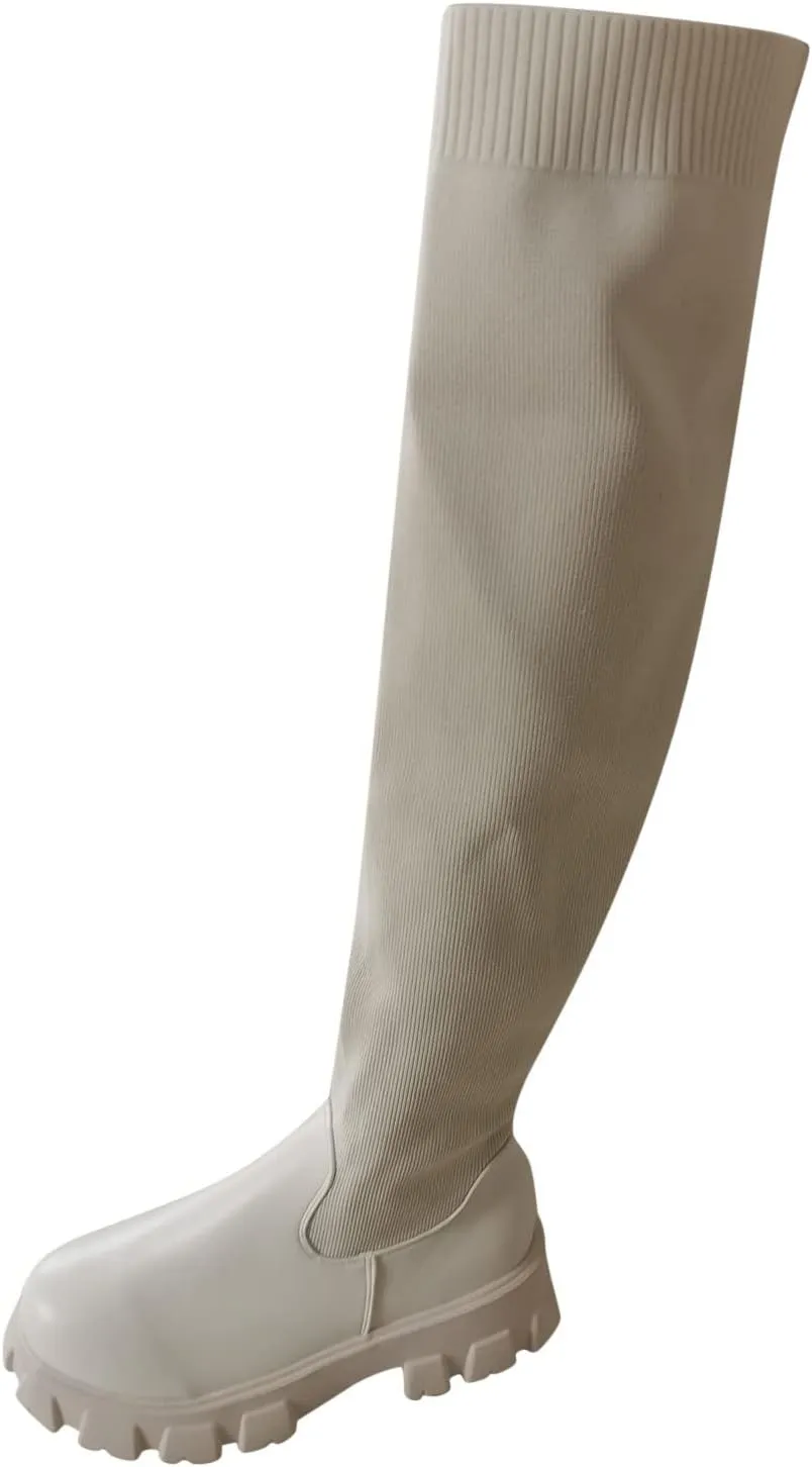 Women Over The Knee Boots For Winter,Comfort Chunky Heels Suede Pointed Toe Over The Knee Stretch Long Boots Winter Warm Knitted Dress Tall Womens Shoes