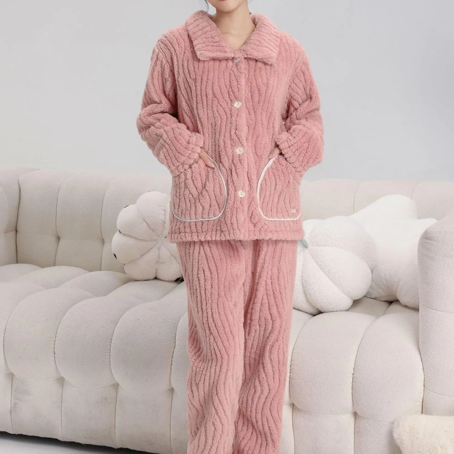 Women Winter Pajamas Fuzzy Fleece Pajama Sets Cozy Warm Pjs Set Button Up Tops Pj Pants Plush Loungewear with Pockets