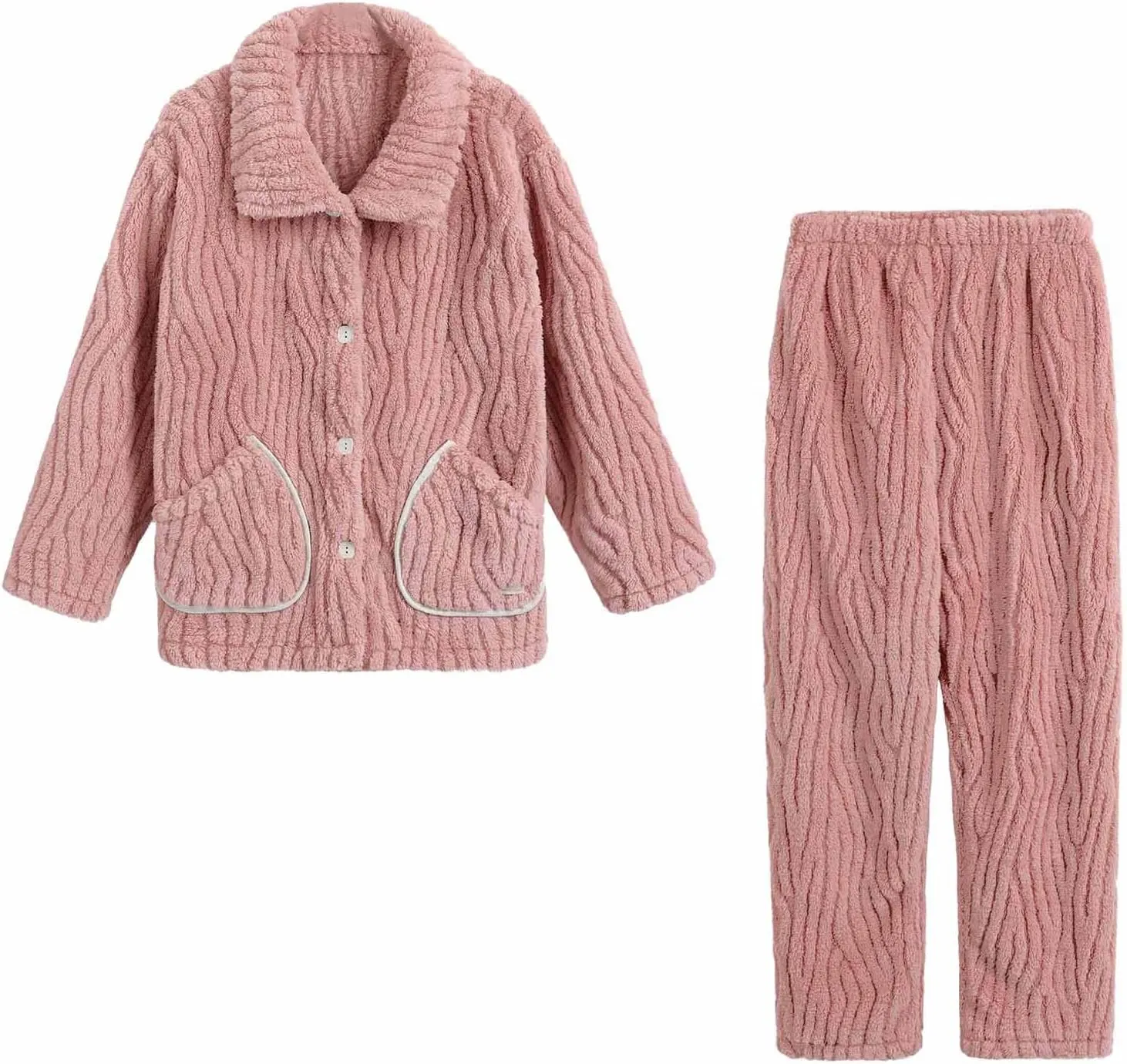Women Winter Pajamas Fuzzy Fleece Pajama Sets Cozy Warm Pjs Set Button Up Tops Pj Pants Plush Loungewear with Pockets