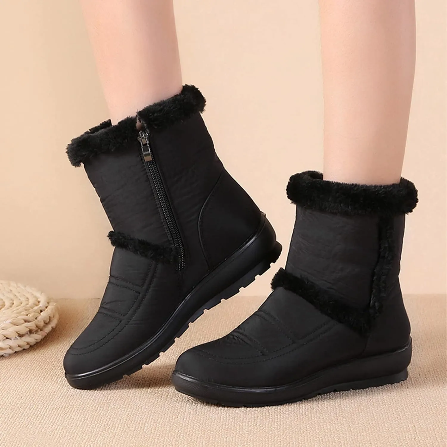 Women Winter Snow Boots Water-proof Ankle Boots Mid Calf Womens Boots with Fleece Lined Anti Slip Booties Comfortale Outdoor Shoes Wide Width Low Wedge Heel Booties with Arch Support