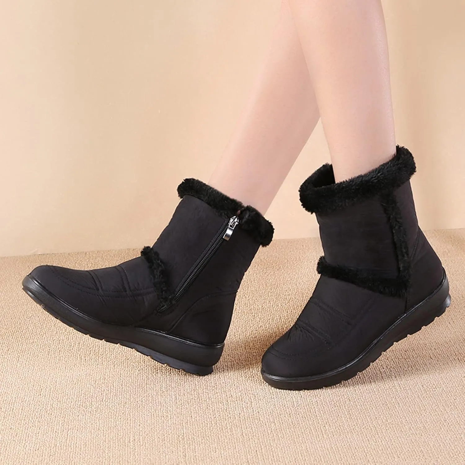 Women Winter Snow Boots Water-proof Ankle Boots Mid Calf Womens Boots with Fleece Lined Anti Slip Booties Comfortale Outdoor Shoes Wide Width Low Wedge Heel Booties with Arch Support