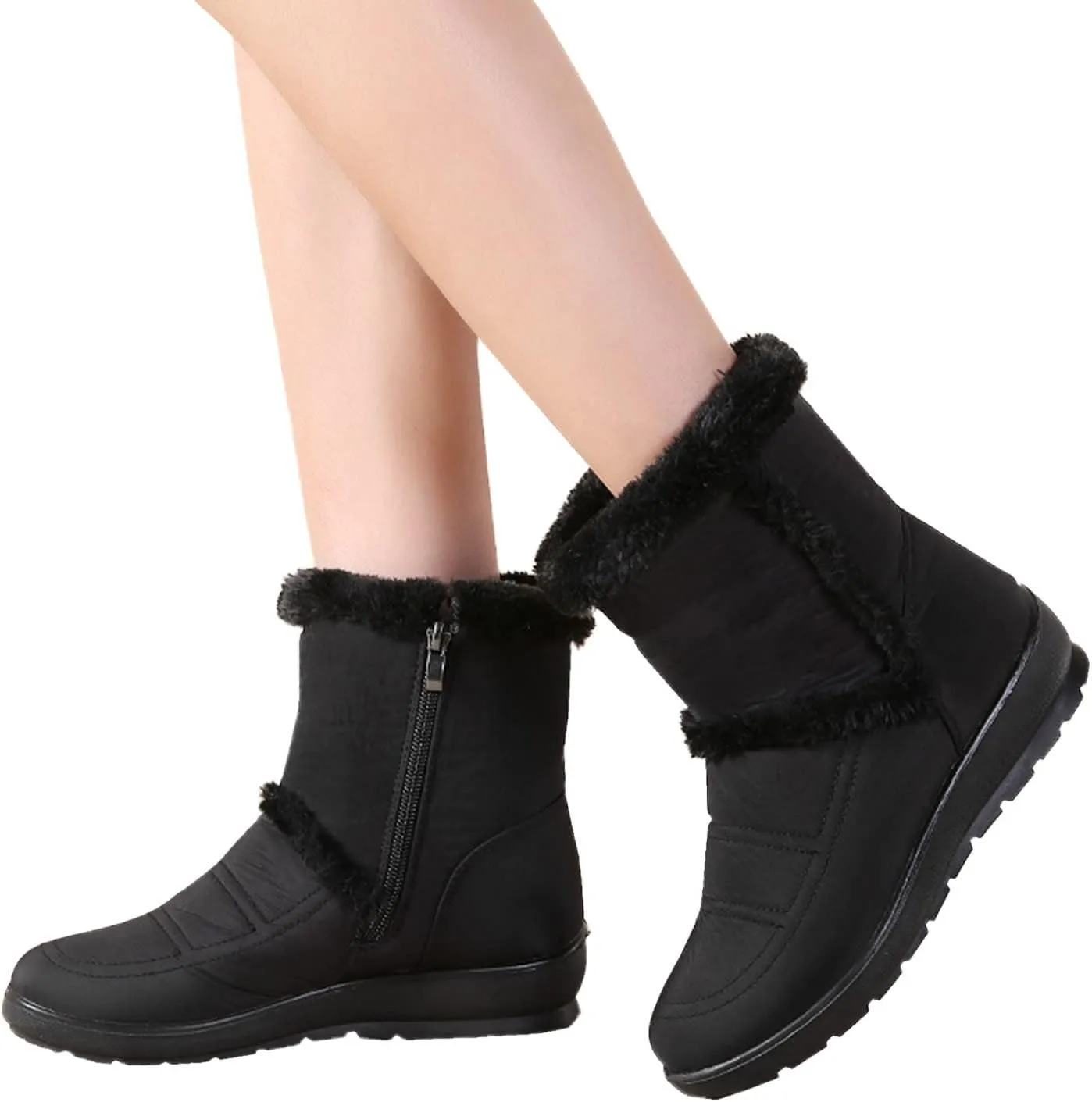 Women Winter Snow Boots Water-proof Ankle Boots Mid Calf Womens Boots with Fleece Lined Anti Slip Booties Comfortale Outdoor Shoes Wide Width Low Wedge Heel Booties with Arch Support