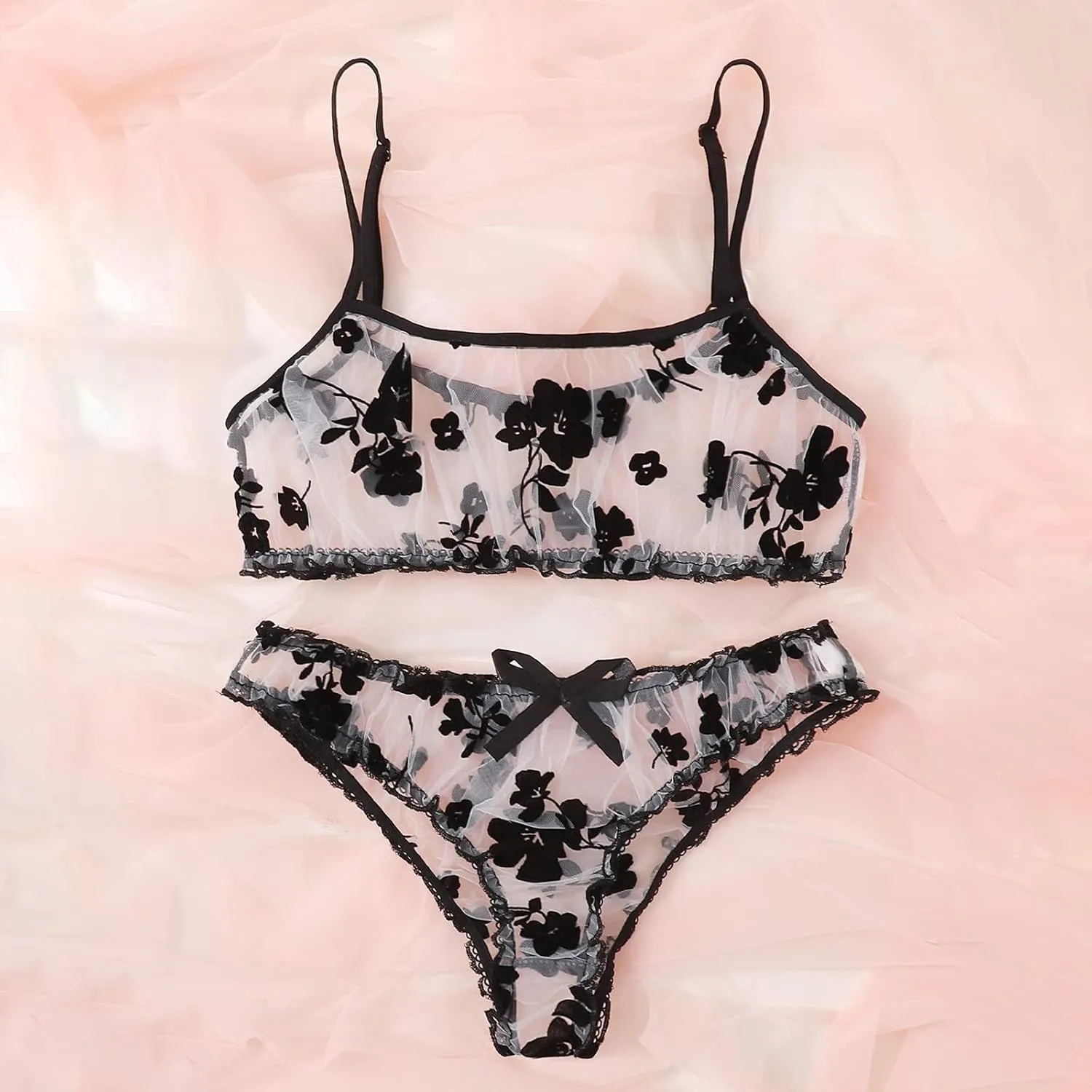 Women'S 2 Piece Floral Embroidered Sexy Lingerie Sets Sheer Mesh Bra Thongs Sets Women'S Lingerie, Sleep & Lounge