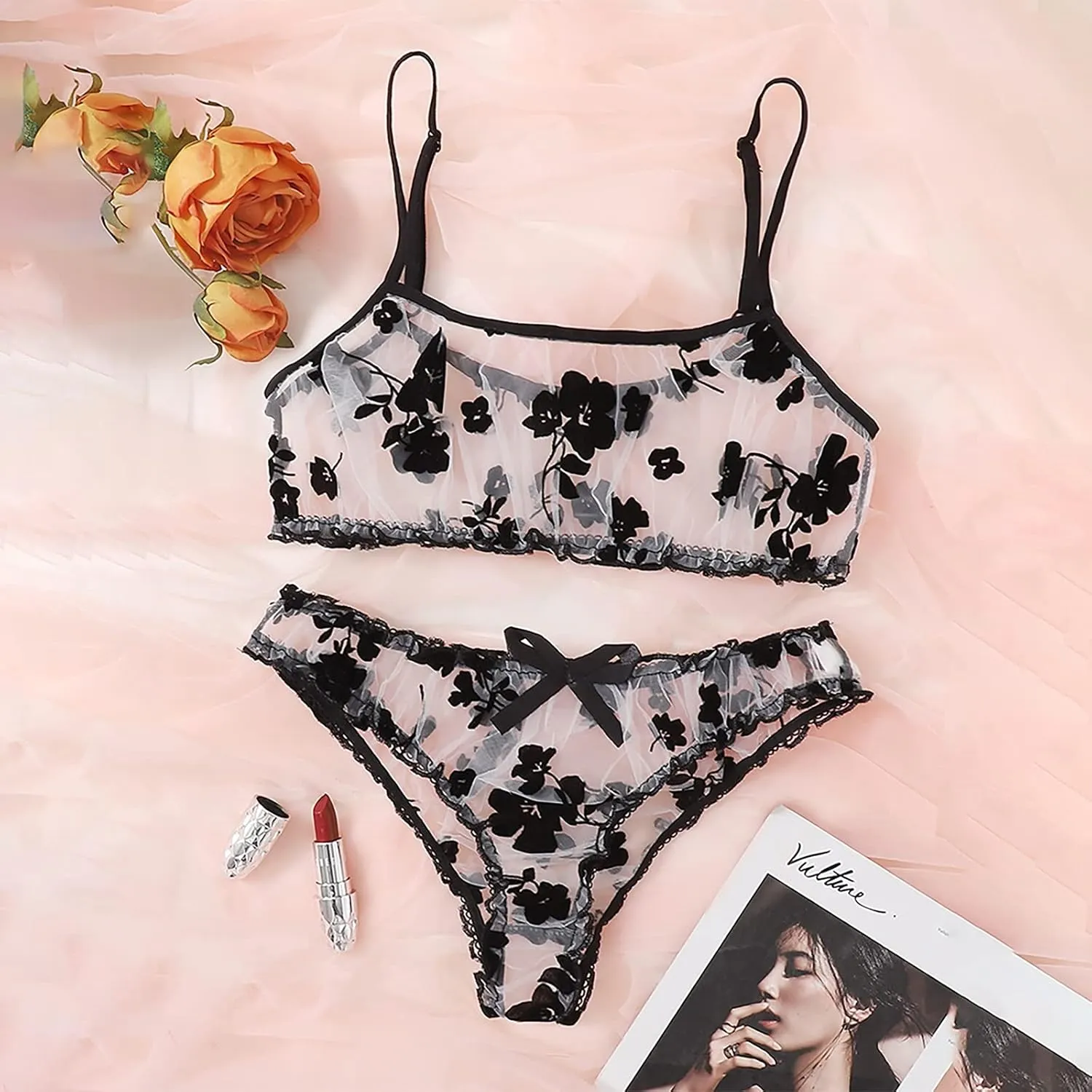 Women'S 2 Piece Floral Embroidered Sexy Lingerie Sets Sheer Mesh Bra Thongs Sets Women'S Lingerie, Sleep & Lounge