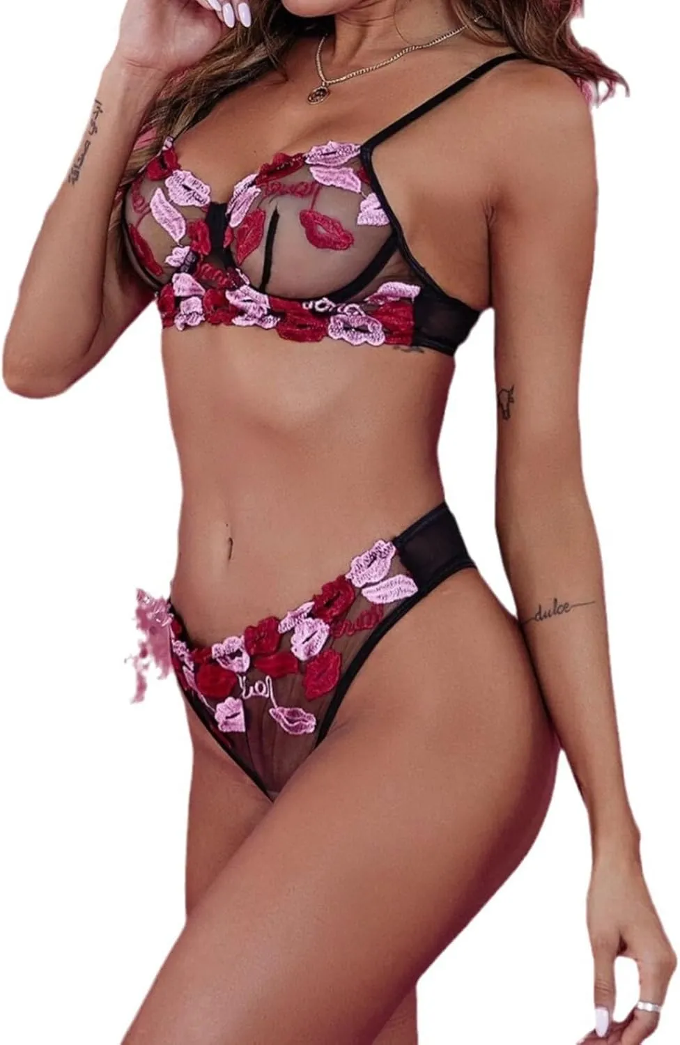 Women'S 2 Piece Lingerie Set Floral Embroidered Lace Mesh Teddy Babydoll Lingerie Bra And Panty Set