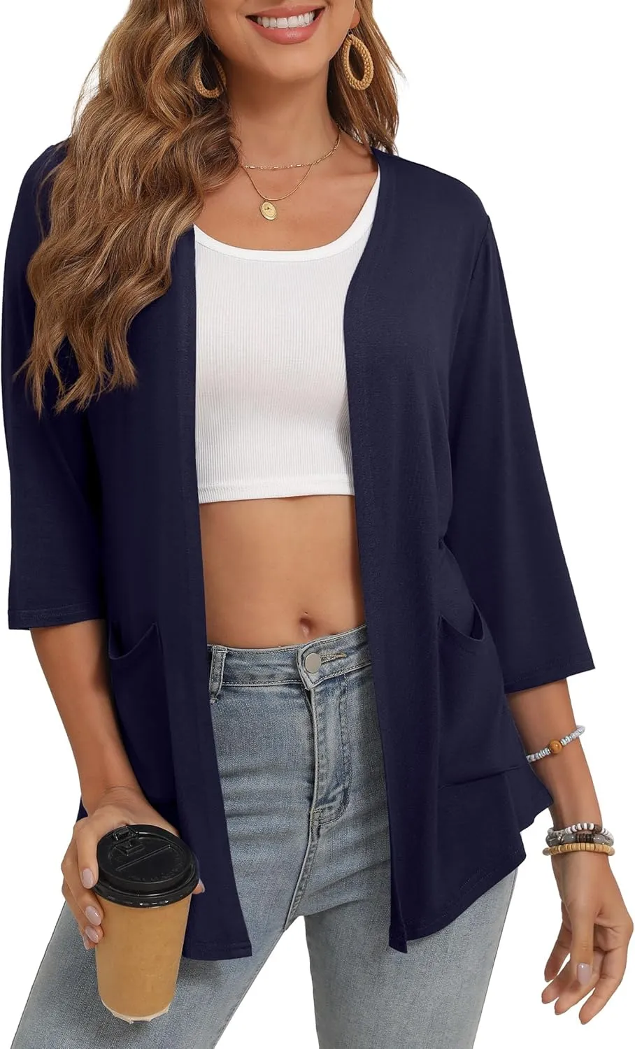 Women's 3/4 Sleeve Open Front Cardigan Casual Loose Lightweight Cardigans with Pockets