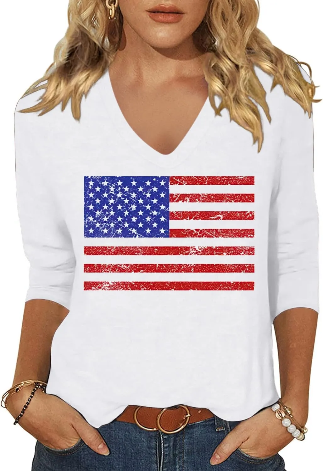 Womens 3/4 V Neck Sleeve American Flag Shirts 4th of July Summer Shirts Graphic Tops