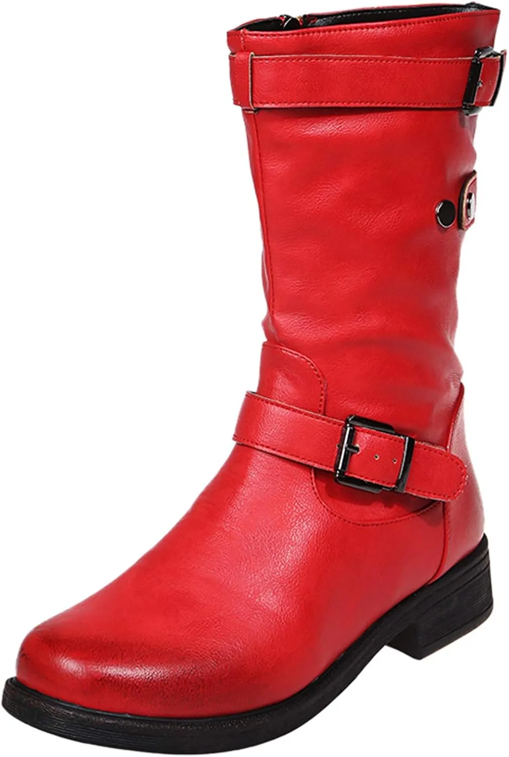 Womens Boots Retro Side Zipper Square Heel Boots for Women Round Toe Cozy Durable Faux Leather Mid-Calf Boots