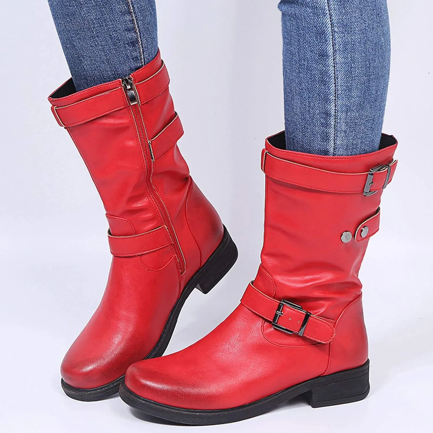 Womens Boots Retro Side Zipper Square Heel Boots for Women Round Toe Cozy Durable Faux Leather Mid-Calf Boots