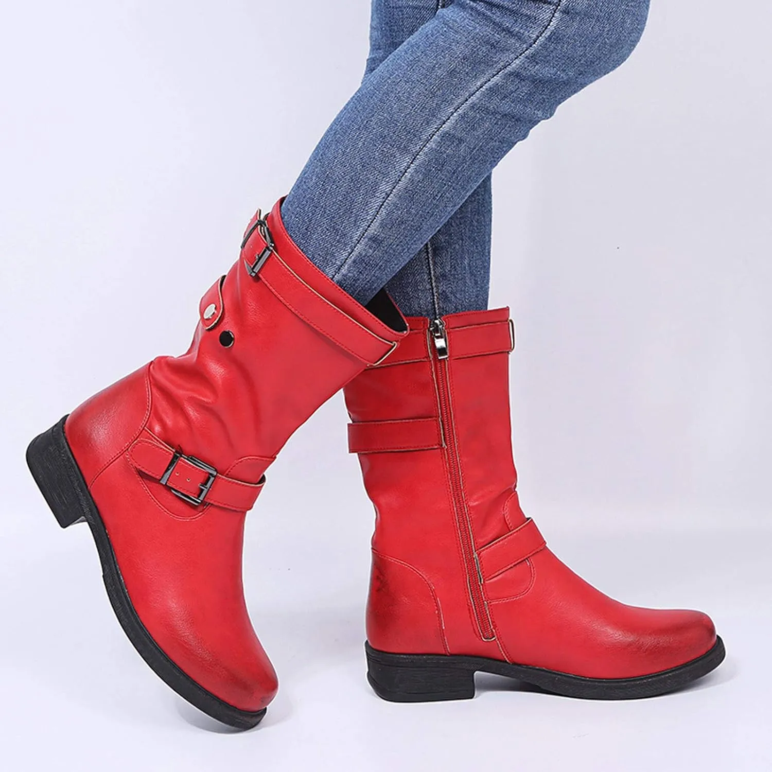 Womens Boots Retro Side Zipper Square Heel Boots for Women Round Toe Cozy Durable Faux Leather Mid-Calf Boots