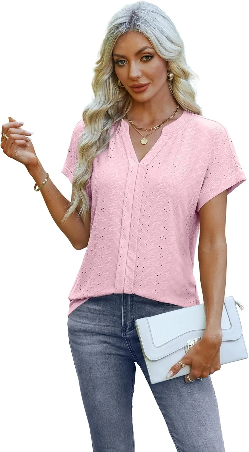 Women's Business Casual Tops Dressy Work Blouses Summer Outfit Fashion 2025 Short Sleeve V Neck Tshirt